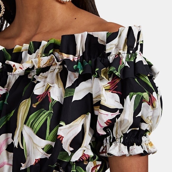 DOLCE & GABBANA Ruffled Lily-Print Poplin Bardot Dress - Picture 5 of 7